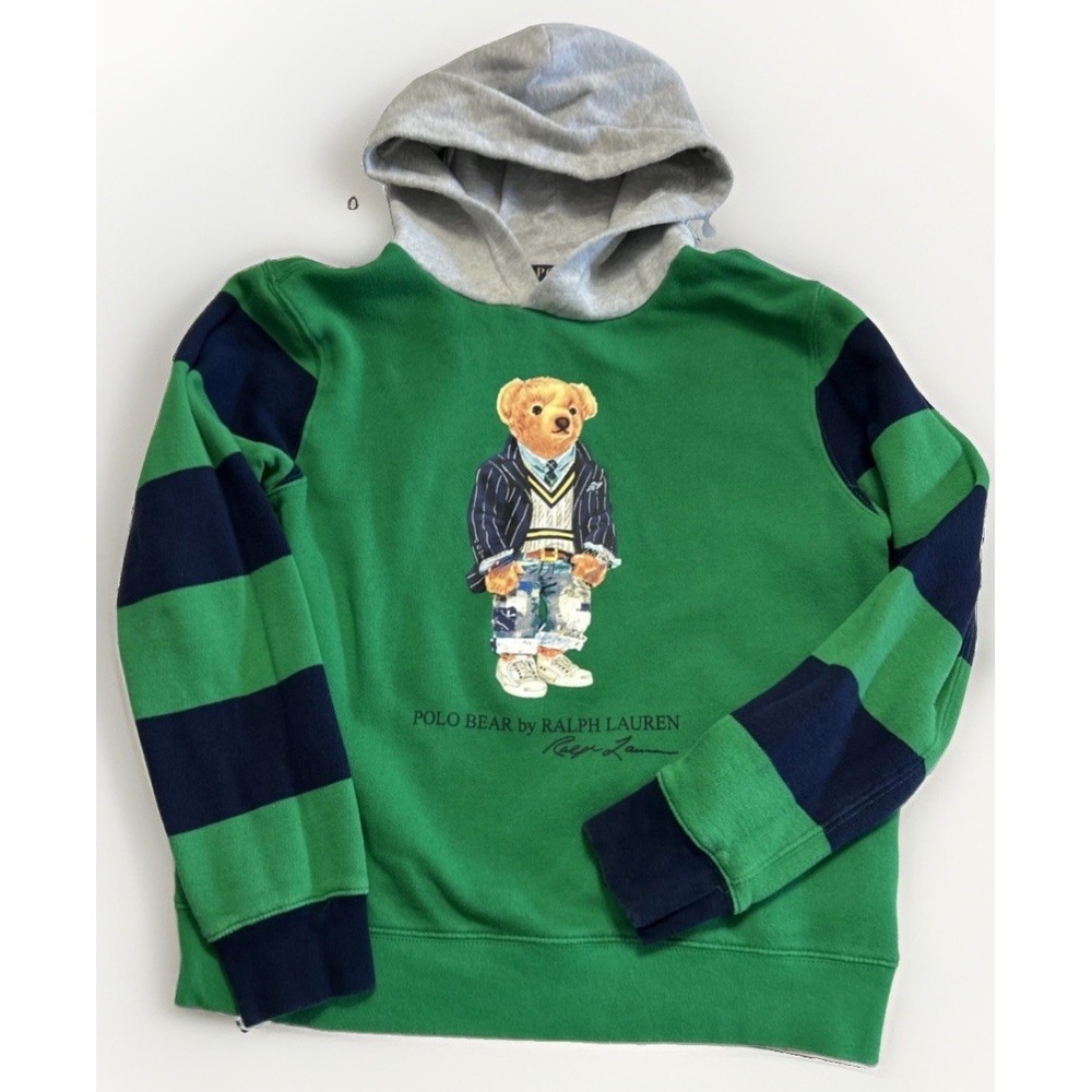 Boys Polo Ralph Lauren Striped Sleeve Preppy Bear Graphic Hoody Sweatshirt 14-16